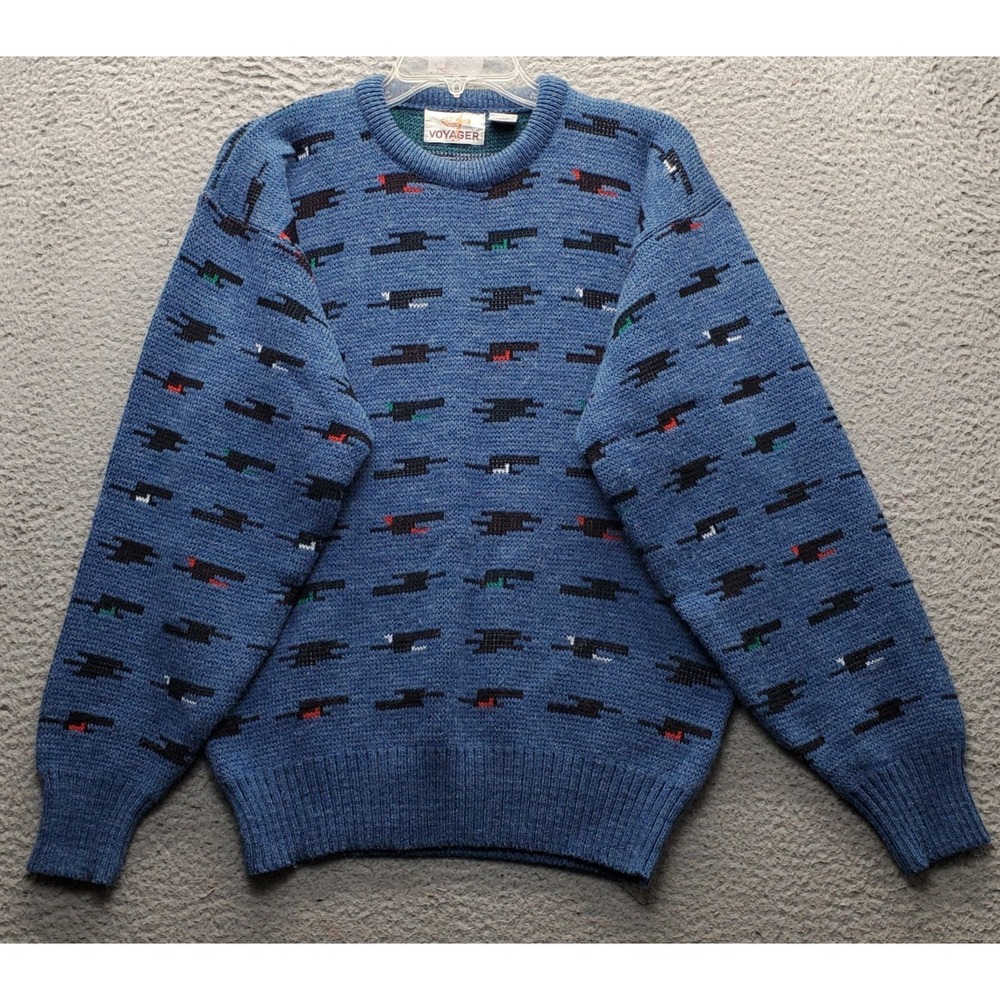 Vintage‎ Voyager Sweater Mens Medium Multi Geometric 3D Knit Wool Blend Crewneck